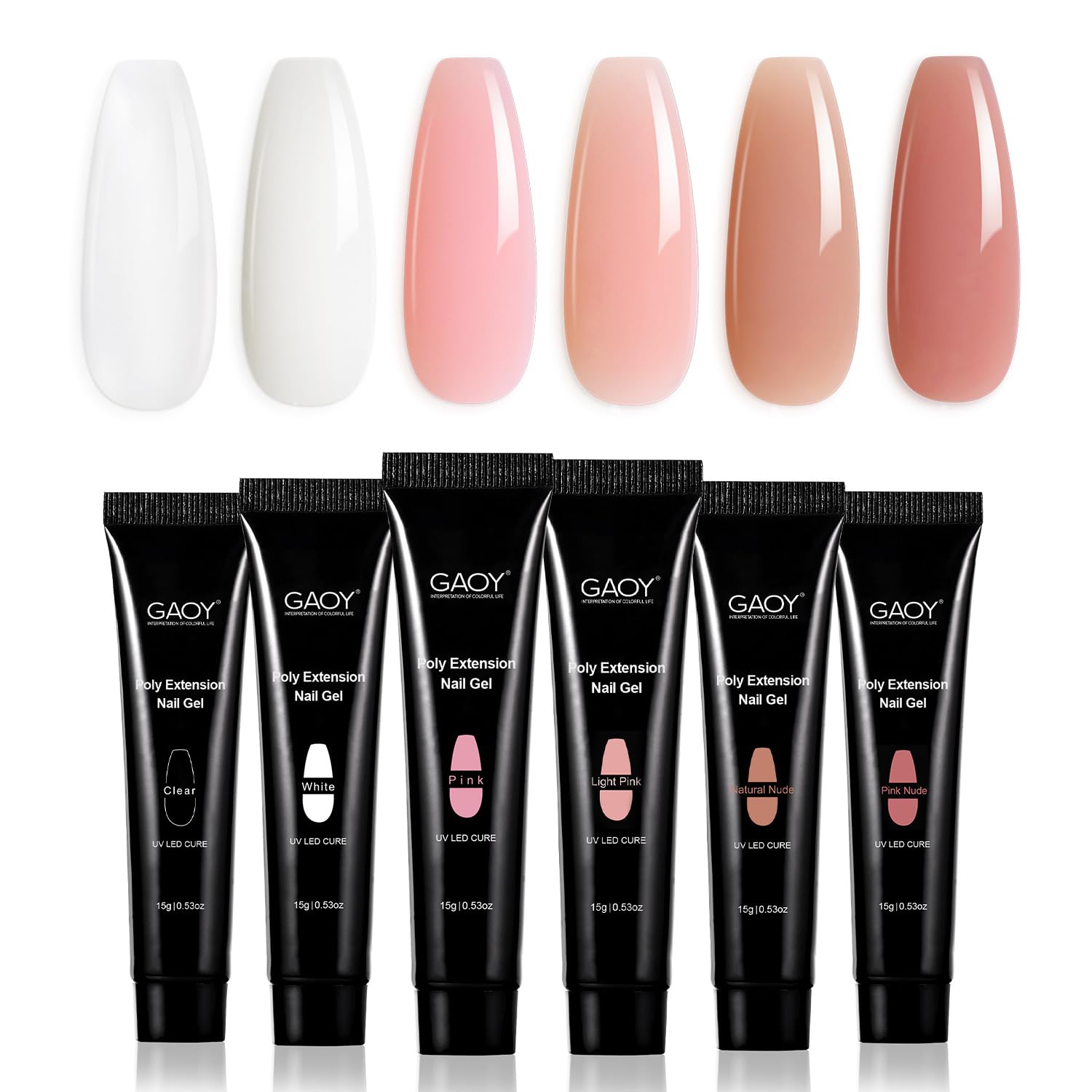 GAOY Poly Gel Set packaging shows six nude-pink shades for at-home nail art.