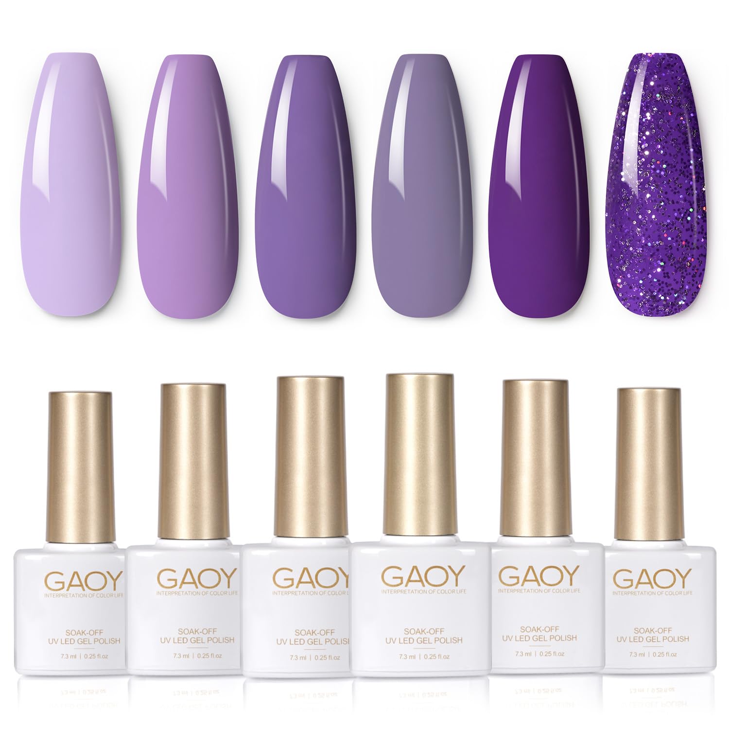 GAOY Purple Gel Nail Polish Set bottles show six glitter colors for salon-ready nails at home.