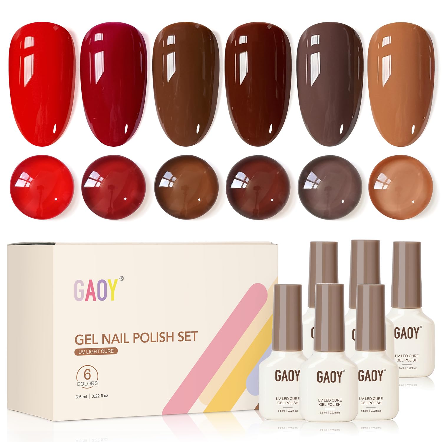 GAOY Red Brown Gel Nail Polish Set with six colors for fall and winter.