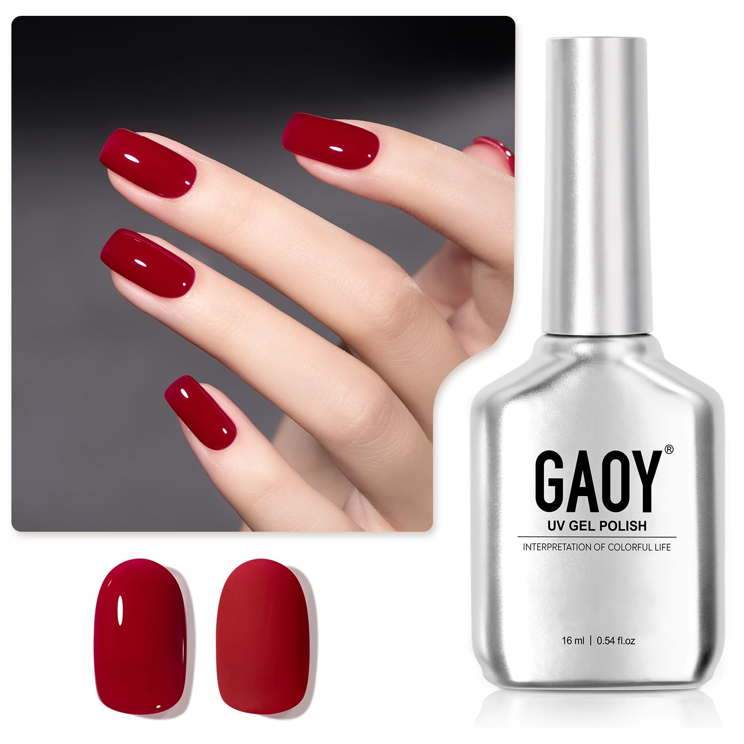 GAOY Red Gel Nail Polish bottle front with 1201 Carmine shade for at-home manicure