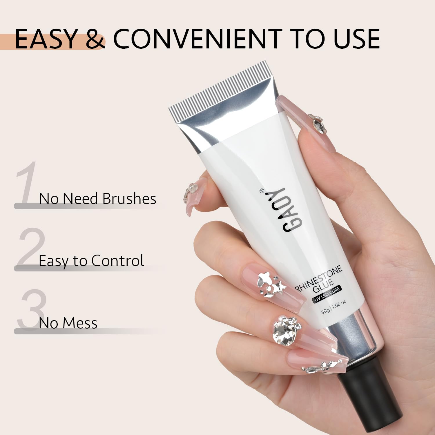 GAOY Rhinestone Glue UV-cured formula for longer wear on gems.