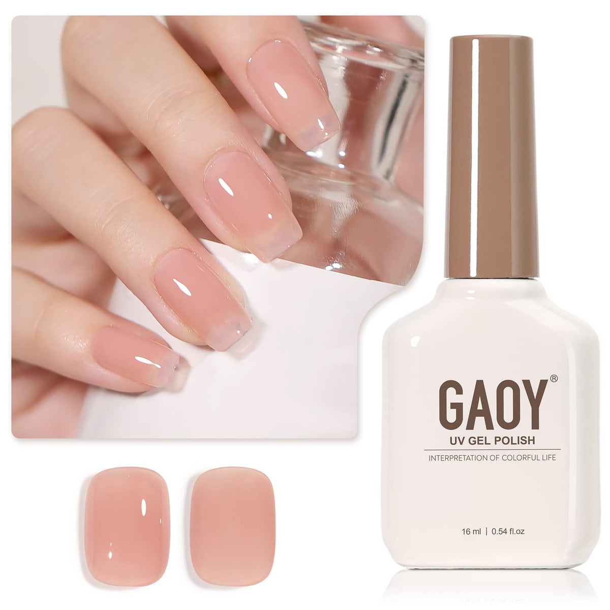 GAOY sheer nude gel polish bottle showing translucent pink gloss for at-home nails