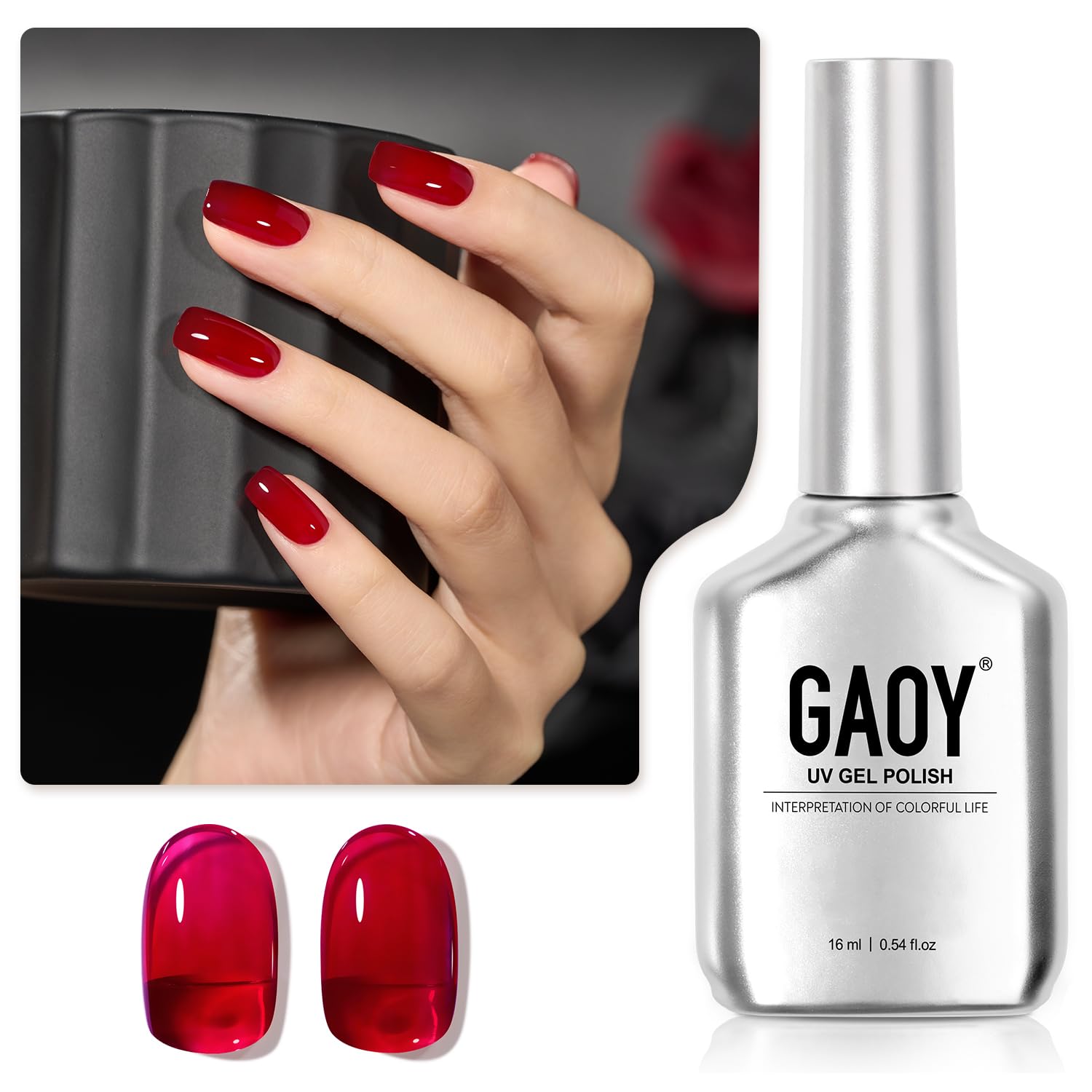 GAOY Sheer Red Gel Polish bottle front showing translucent wine red hue.