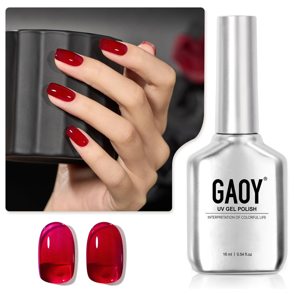GAOY Sheer Red Gel Polish bottle front showing translucent wine red hue.