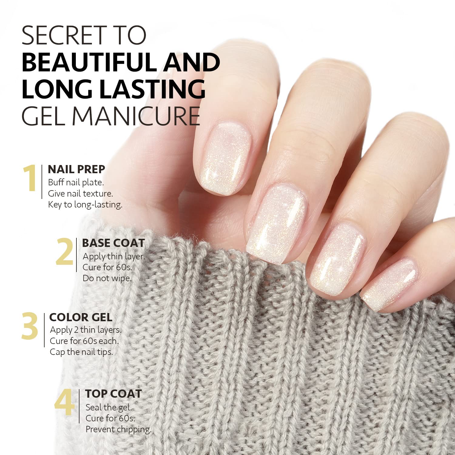 GAOY Shimmer Gel Nail Polish lamp-cure 60s for efficient at-home manicures.