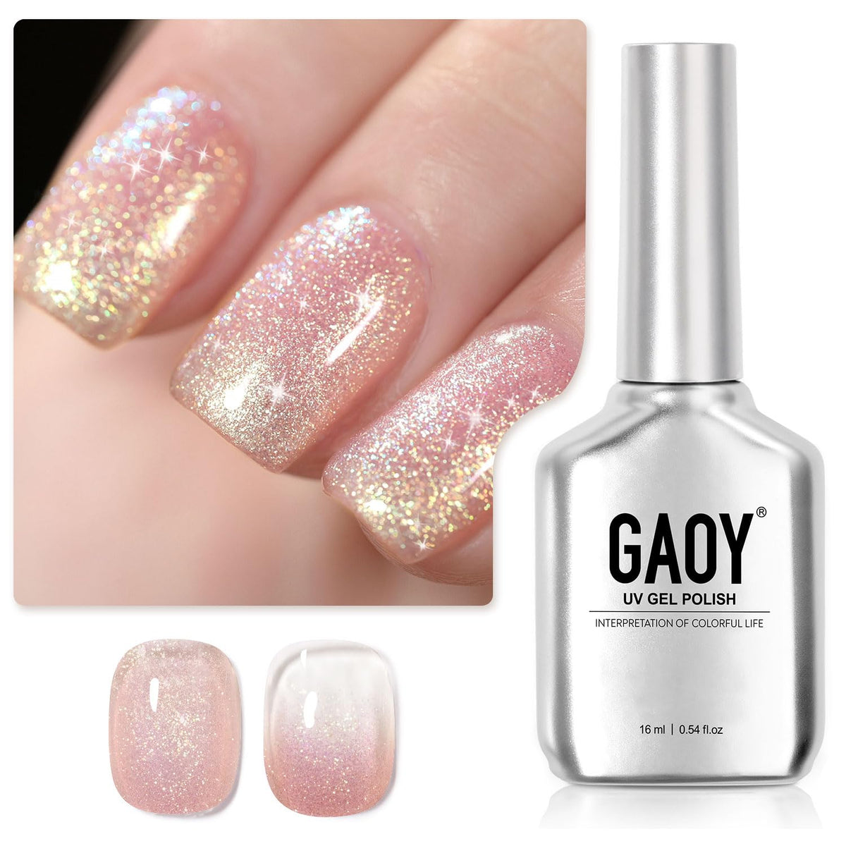 GAOY Shimmer Gel Nail Polish Milky Peach bottle with translucent glitter