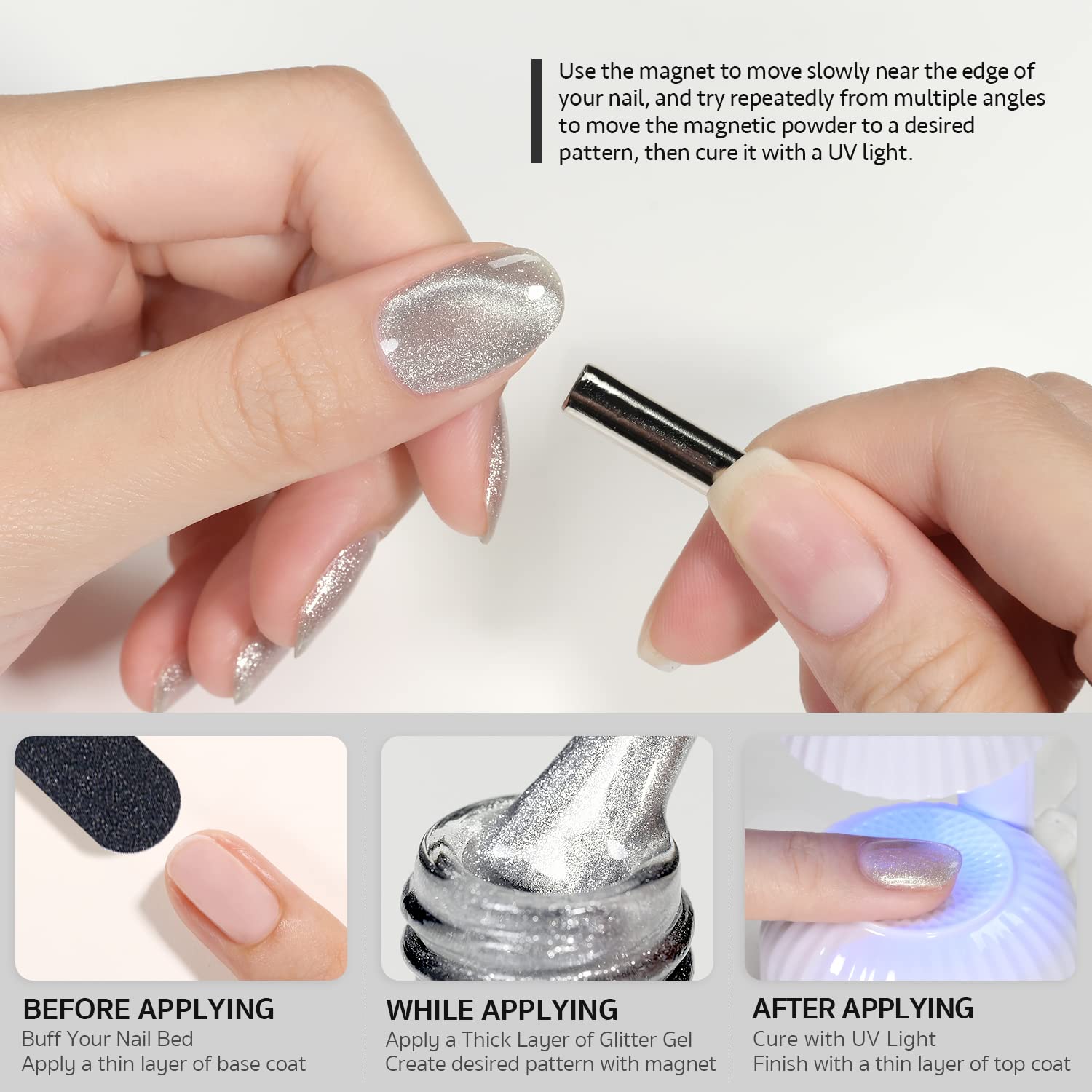 GAOY silver glitter cat eye gel with holographic shimmer
