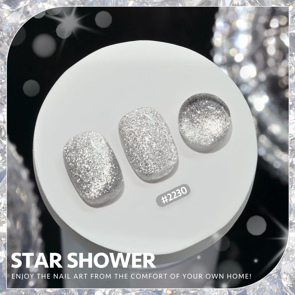GAOY Platinum Cat Eye Gel Nail Polish silver glitter holographic finish close-up.
