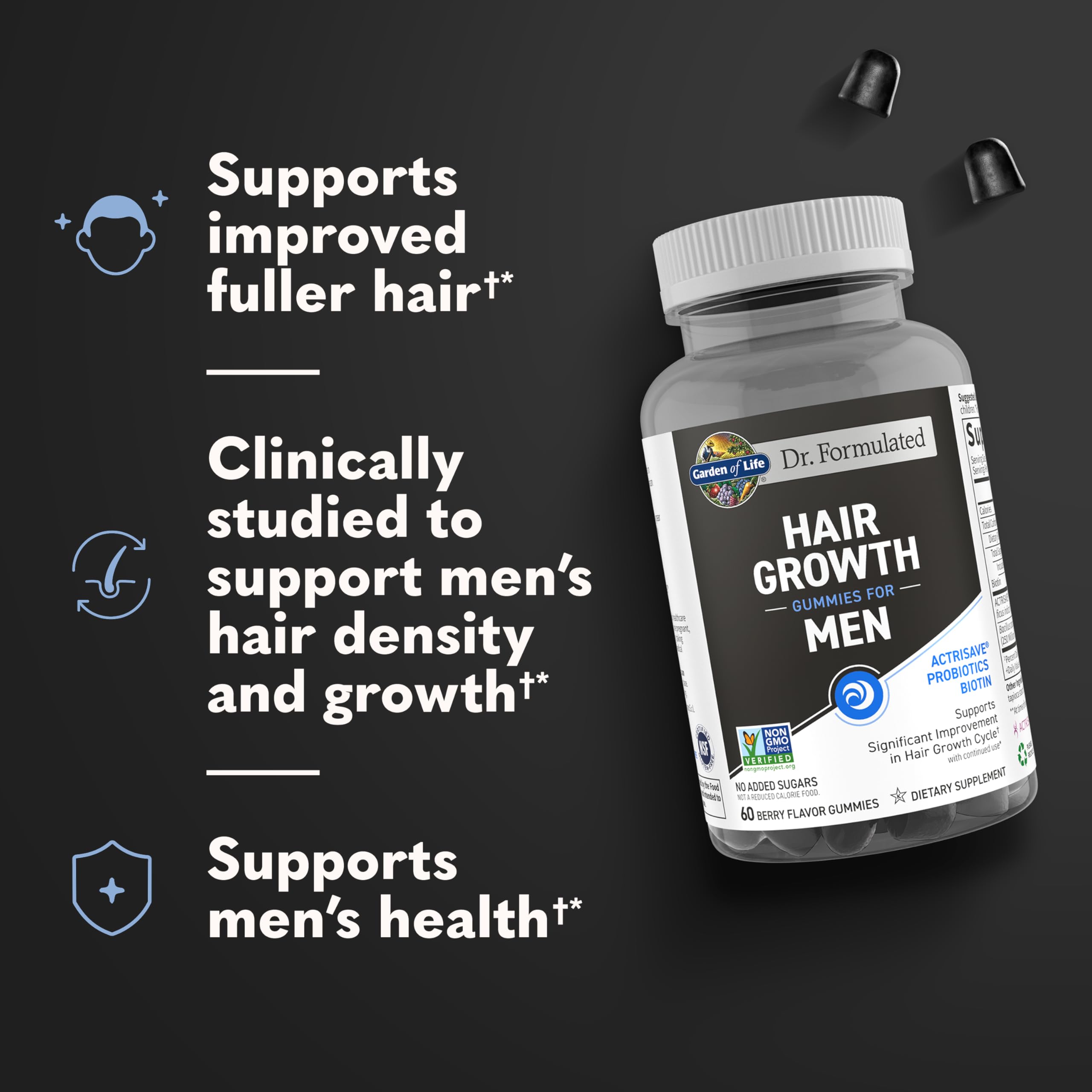 Garden of Life Dr Formulated Hair Growth Gummies for Men label close-up highlighting biotin