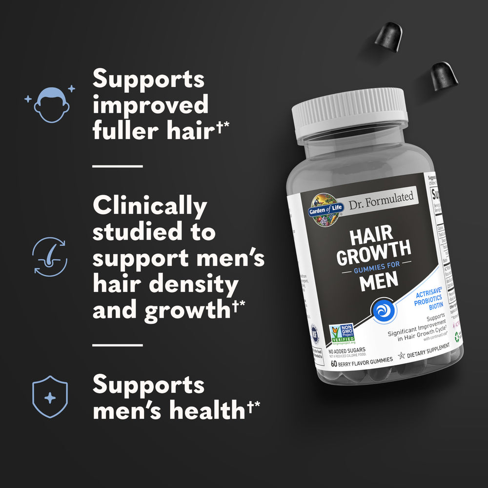 Garden of Life Dr Formulated Hair Growth Gummies for Men label close-up highlighting biotin