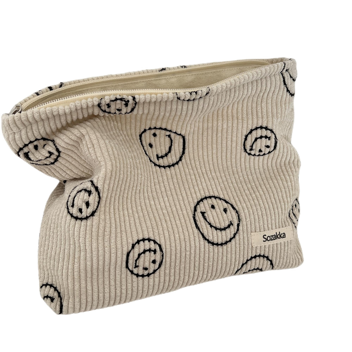 Gardsell corduroy cosmetic bag with smiley dots for stylish makeup storage on the go.