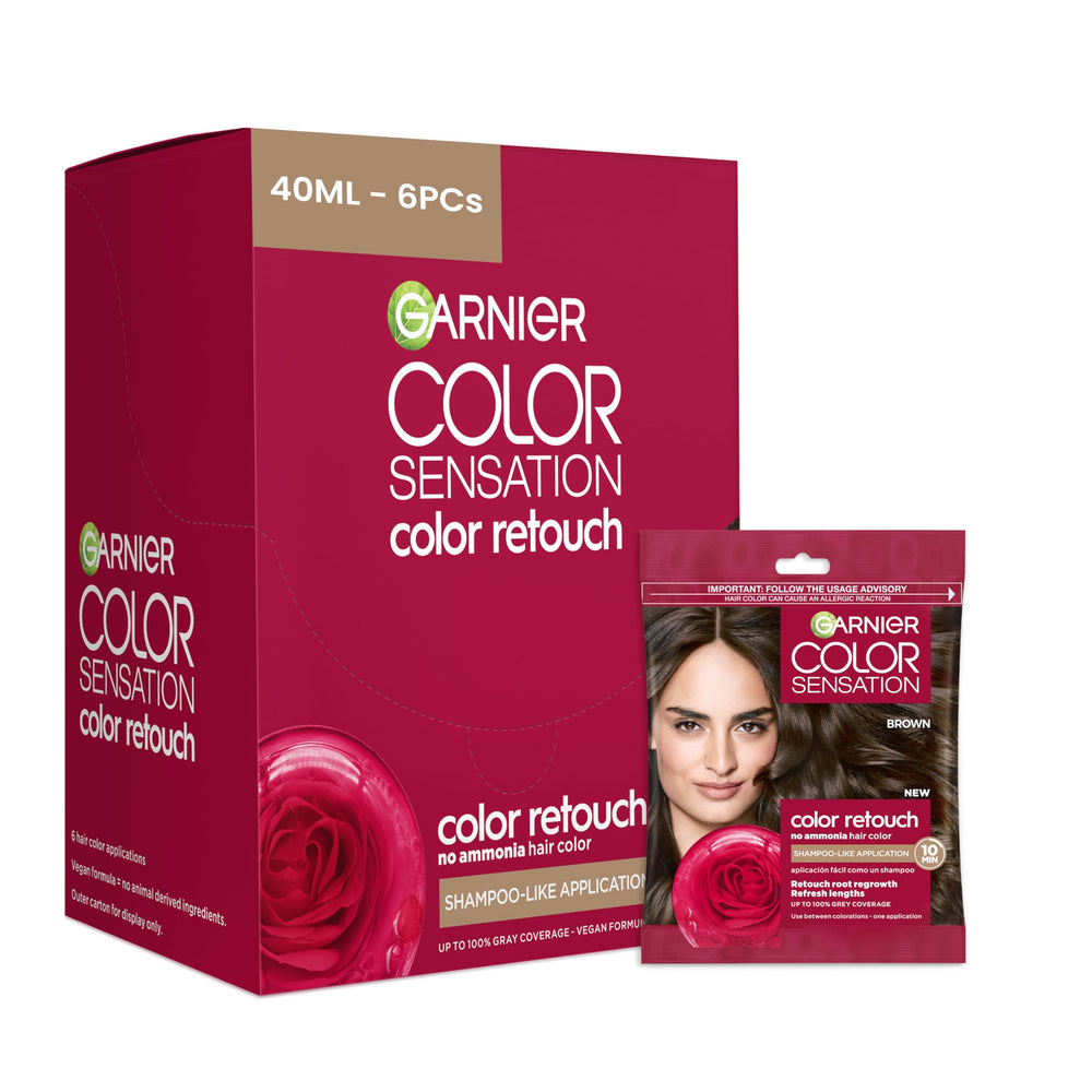 Garnier Color Retouch pack shot featuring six kits for quick root touch-ups.
