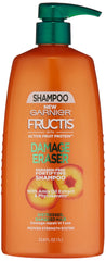 Garnier Fructis Damage Eraser shampoo bottle boosts strength for damaged hair.