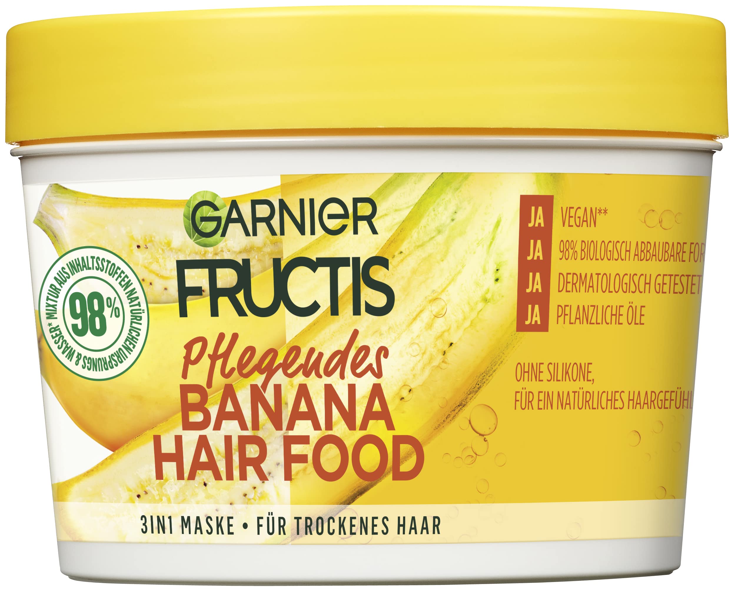 Garnier Fructis Nourishing Banana Hair Food jar shows intensive nourishment for dry hair.