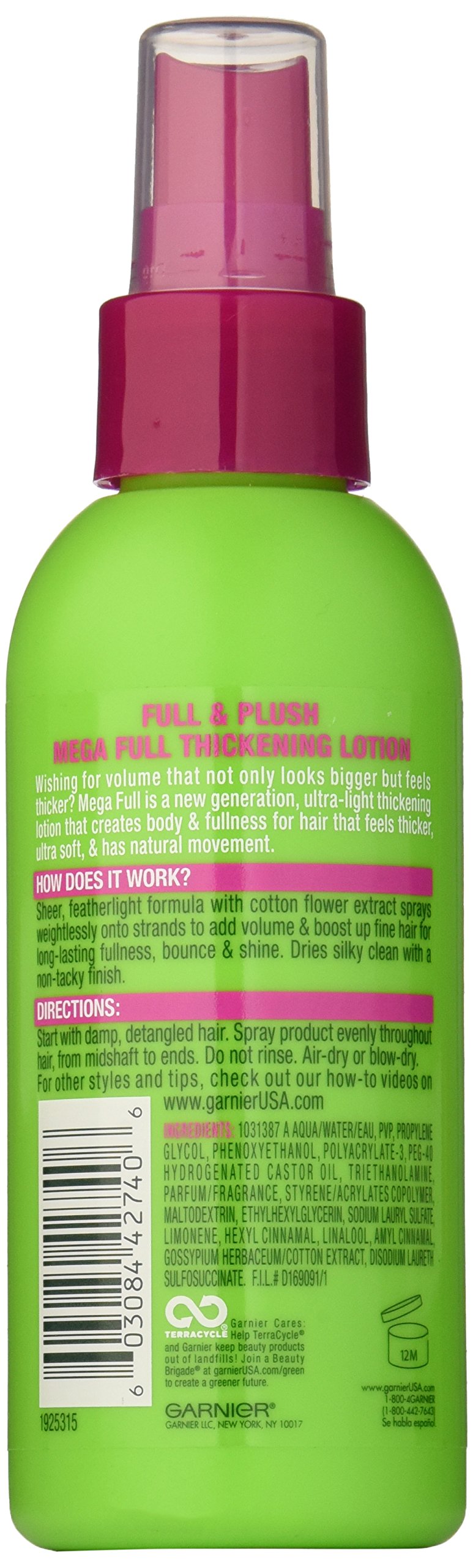 Garnier Fructis Mega Full lotion spray demonstrates weightless application for volume