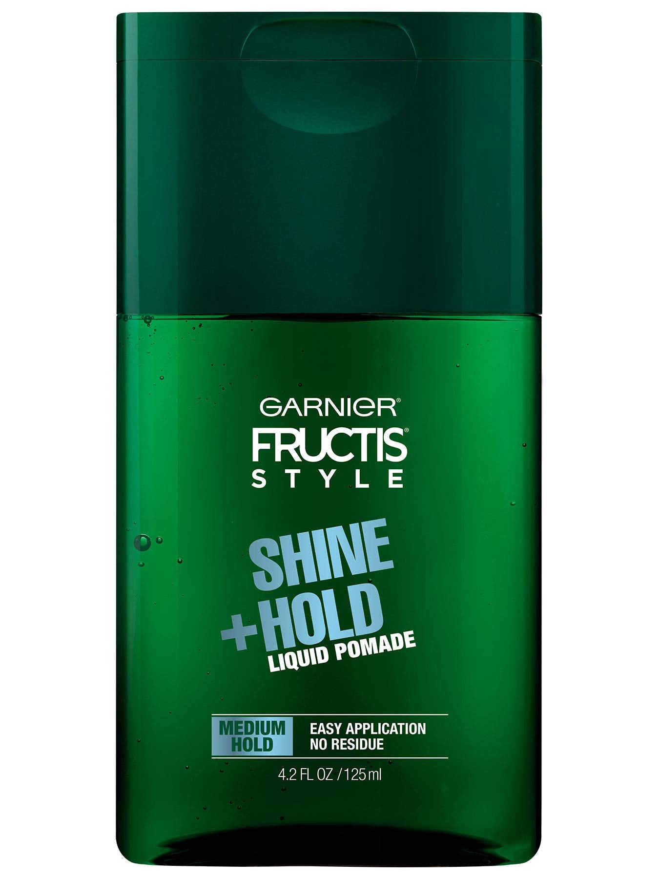 Garnier Fructis Style Shine and Hold liquid pomade bottle shows medium hold for a polished look