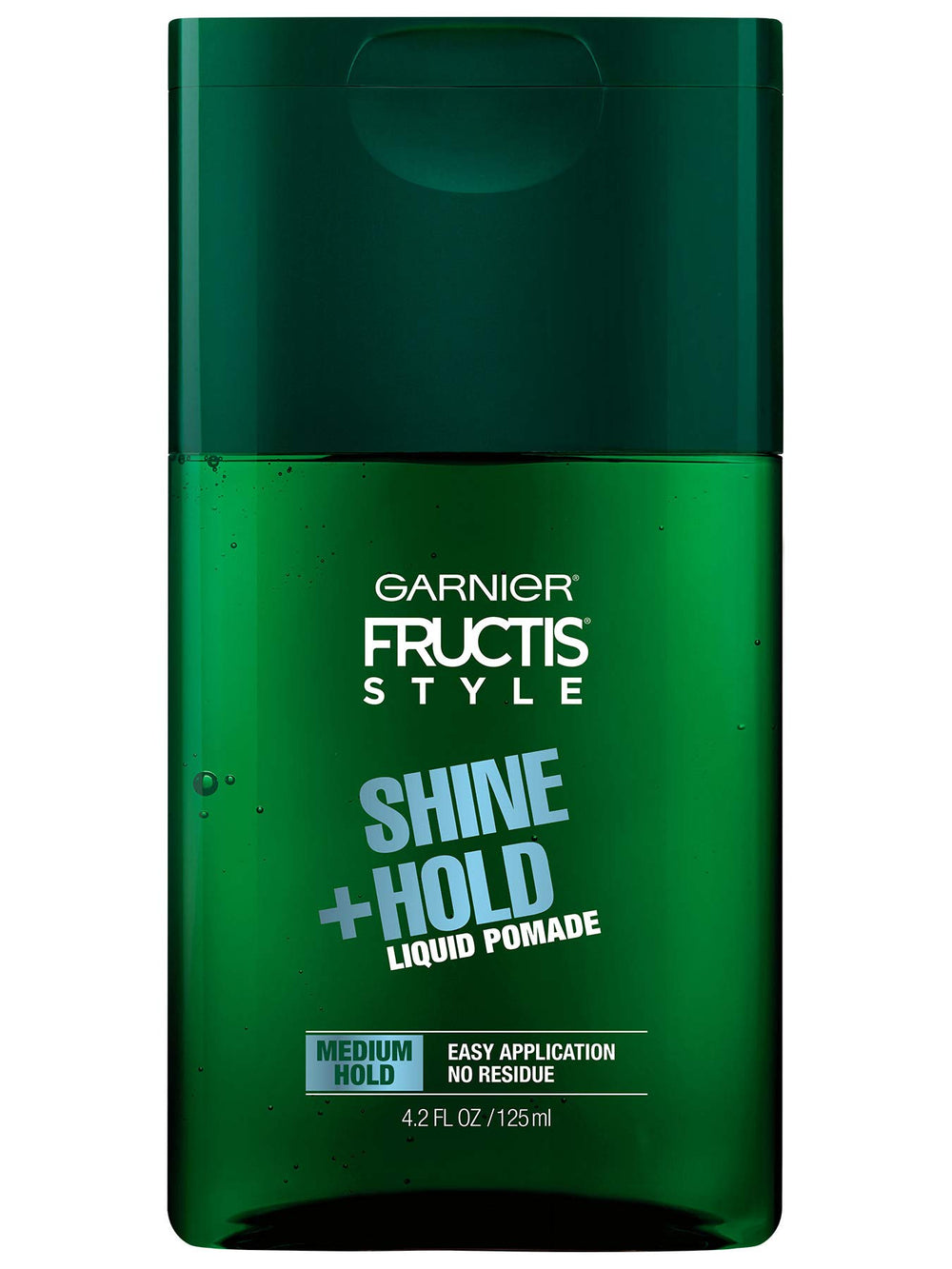 Garnier Fructis Style Shine and Hold liquid pomade bottle shows medium hold for a polished look