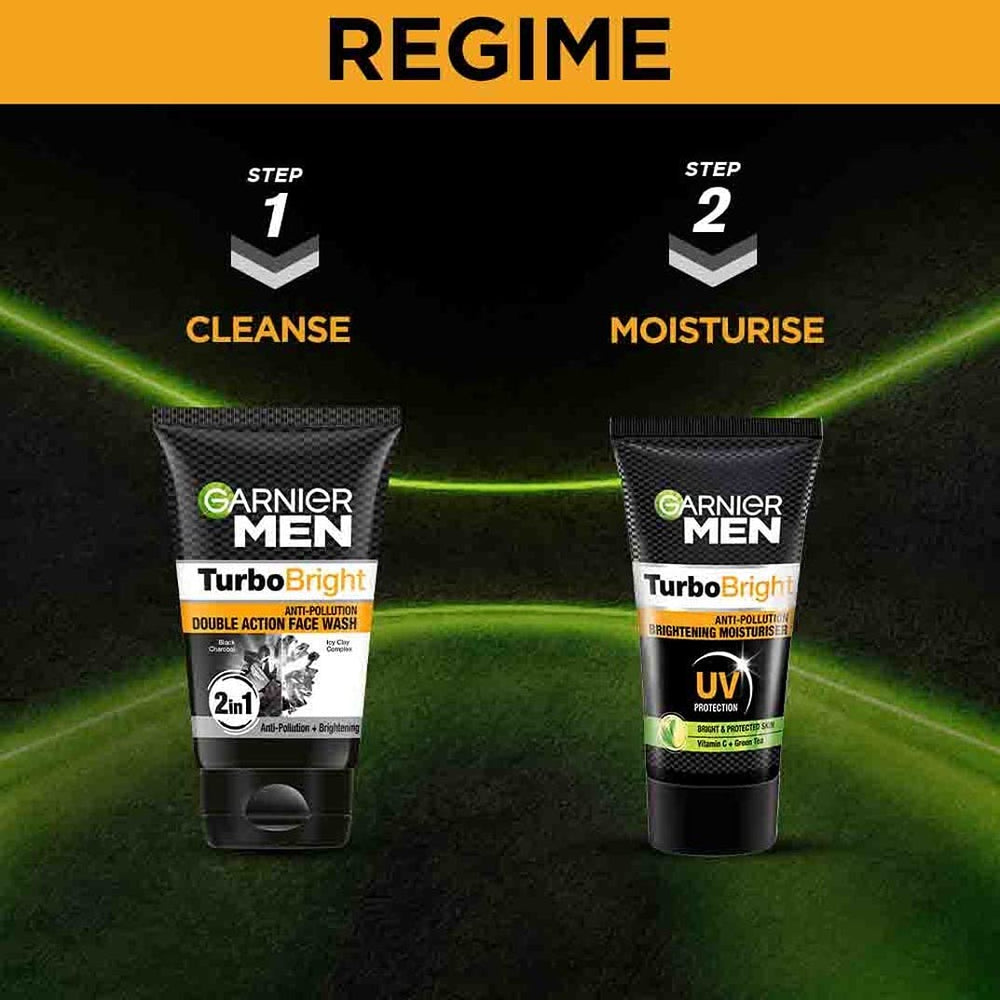 Garnier Men Power White man applying moisturizer during daily routine against urban elements.