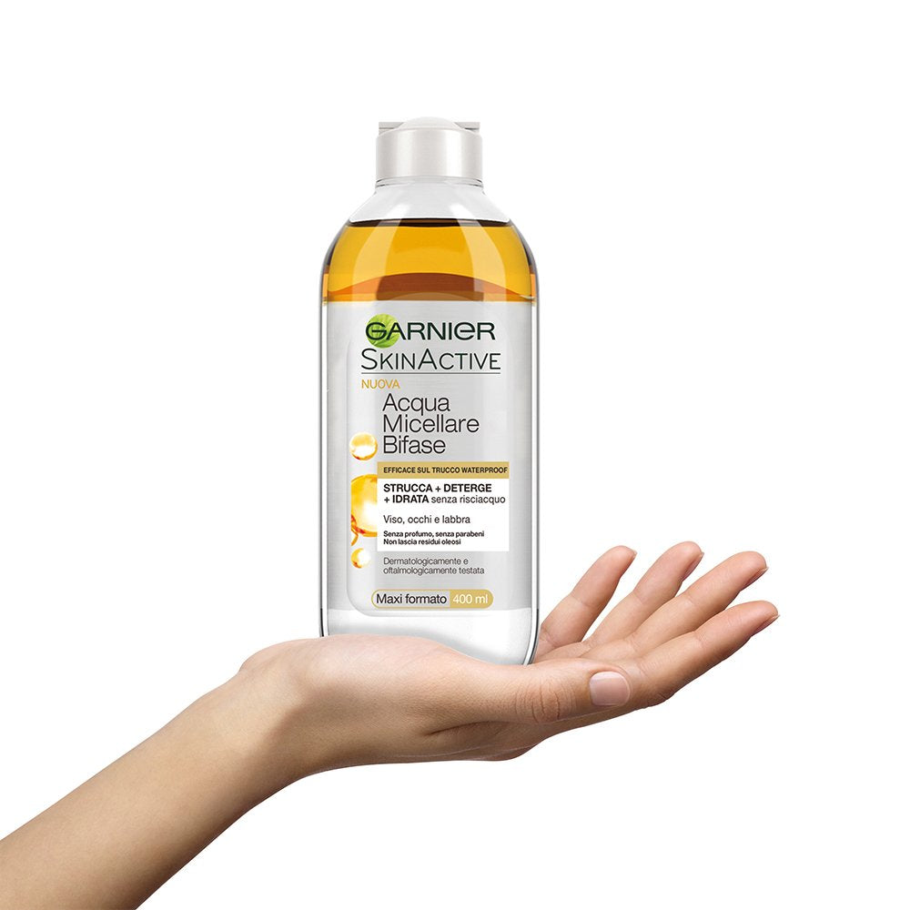 Garnier micellar water two phase application demonstrates gentle cleansing for face eyes lips