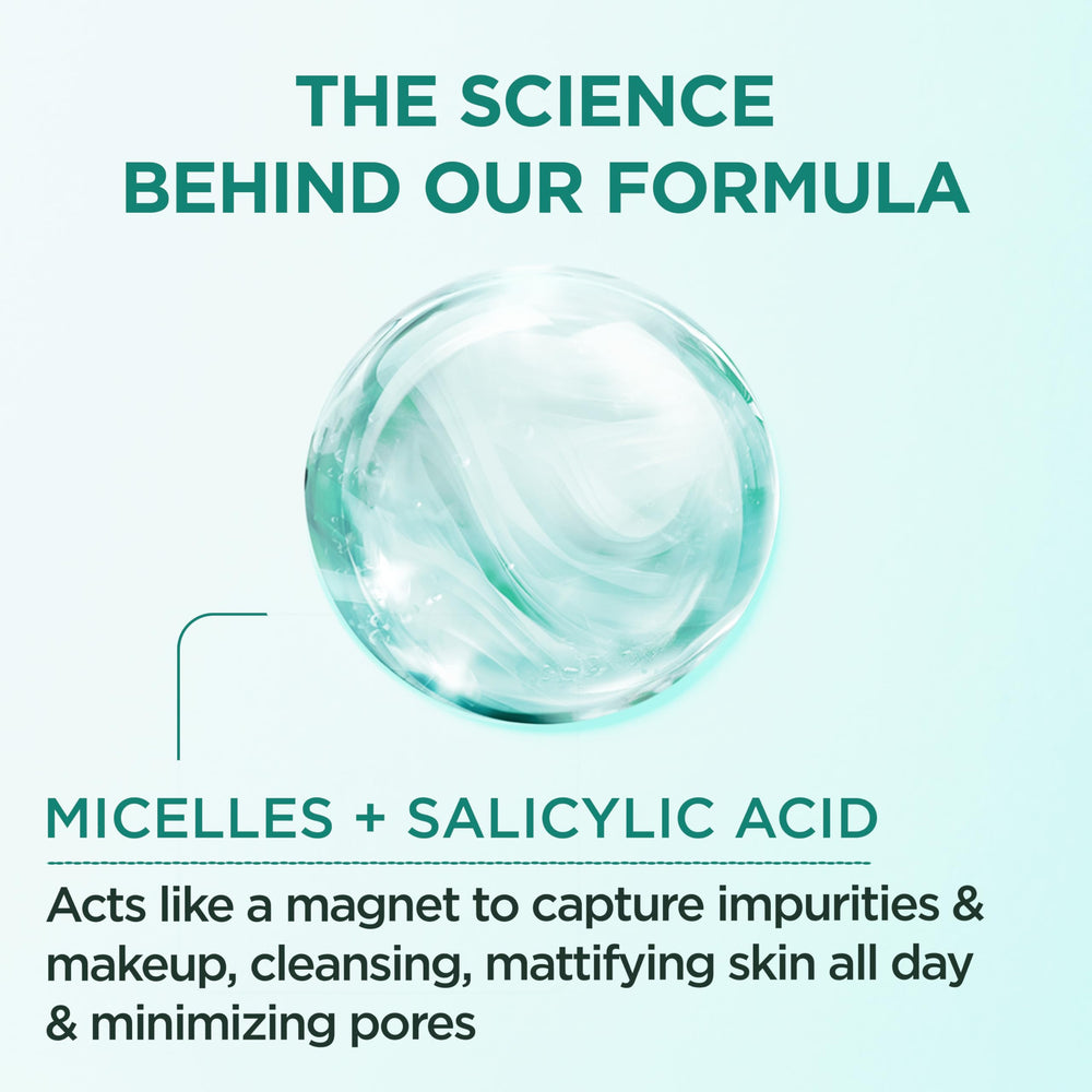 Close-up of Garnier Micellar Water makeup remover applying on skin.