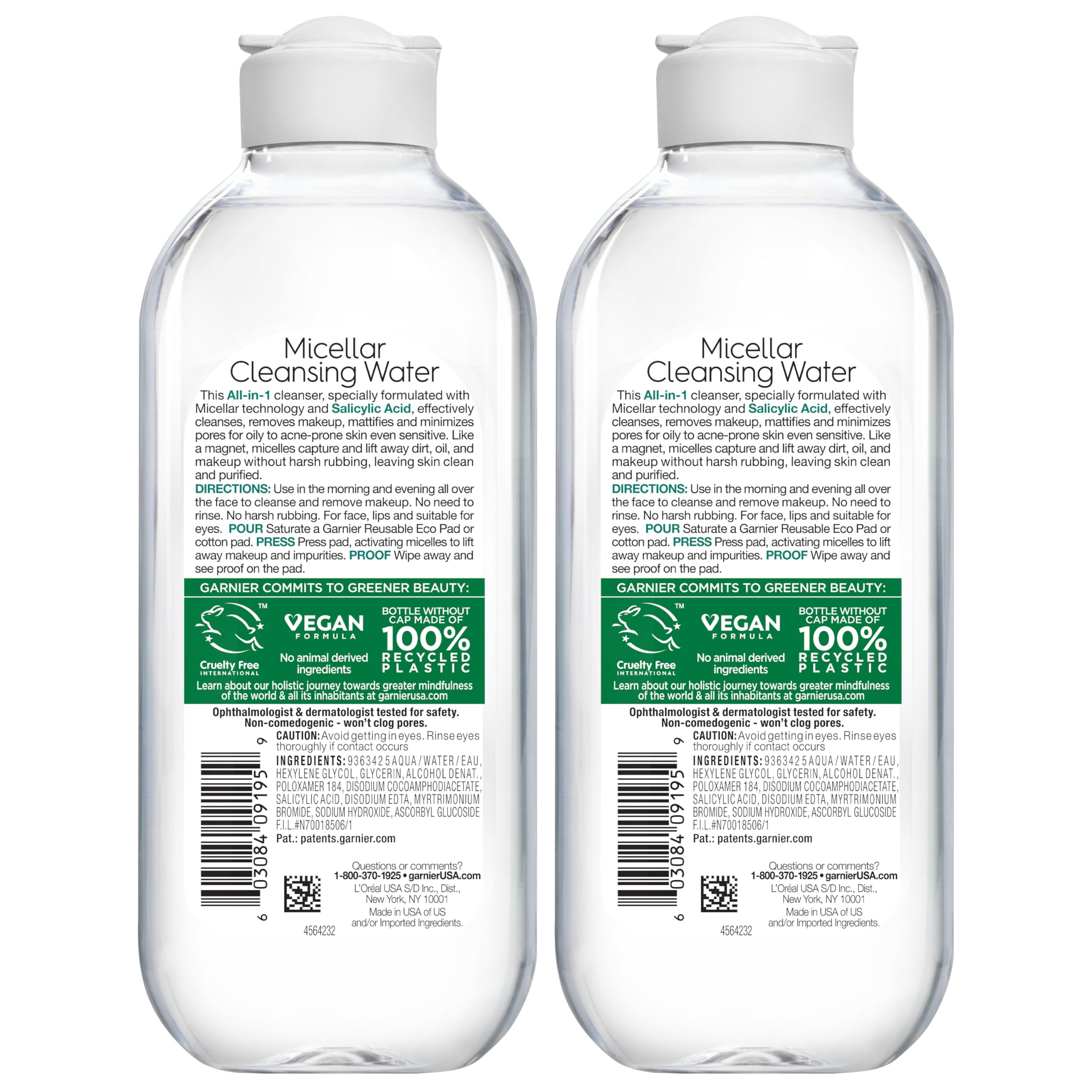 Two-pack Garnier Micellar Water box emphasizing value and no rinse.