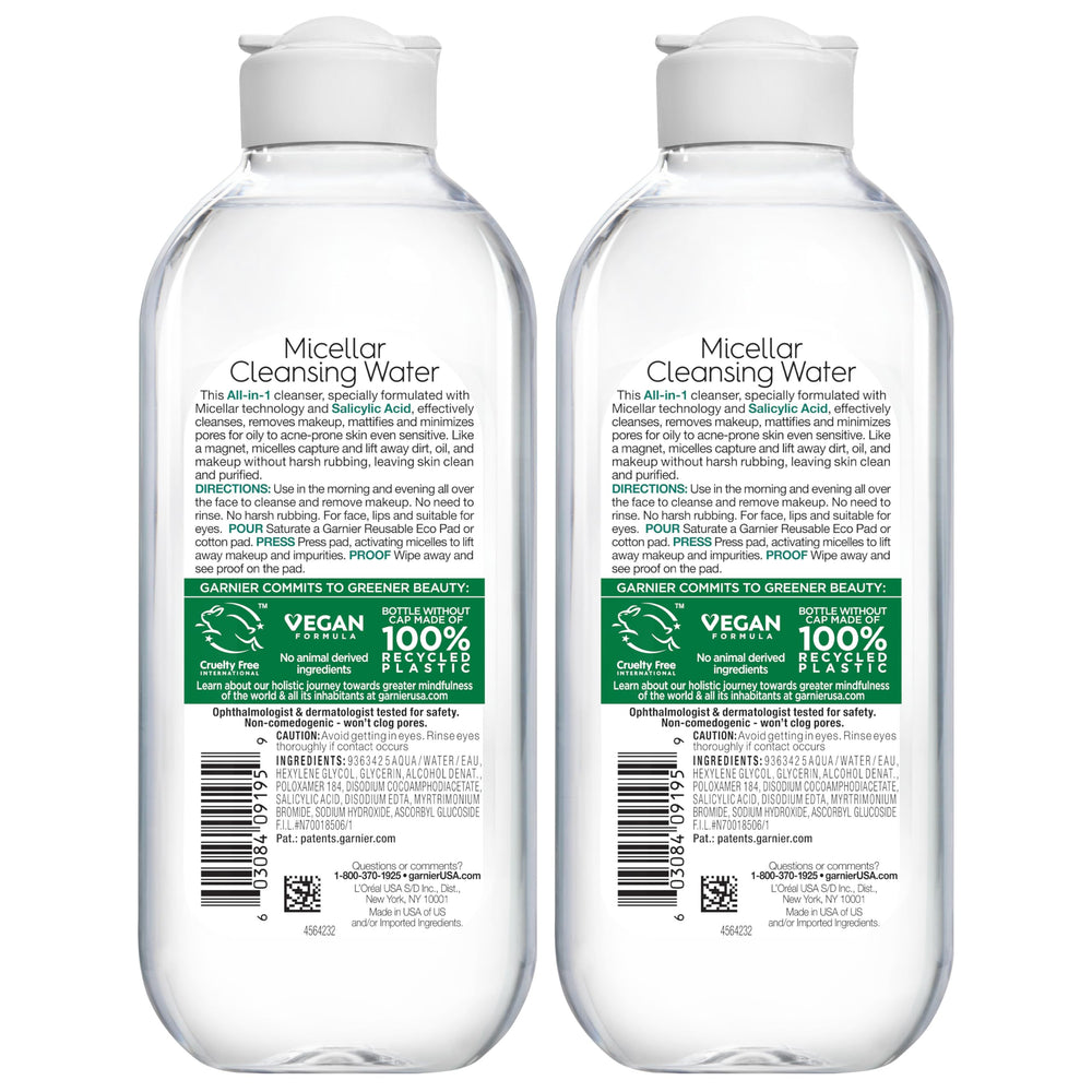 Two-pack Garnier Micellar Water box emphasizing value and no rinse.