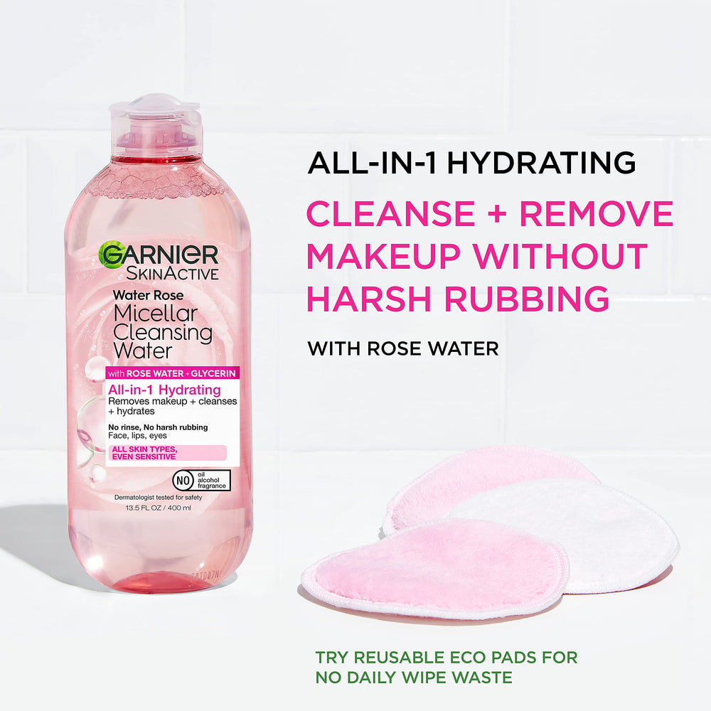 Garnier Micellar Water with Rose used on eyes and face makeup removal.