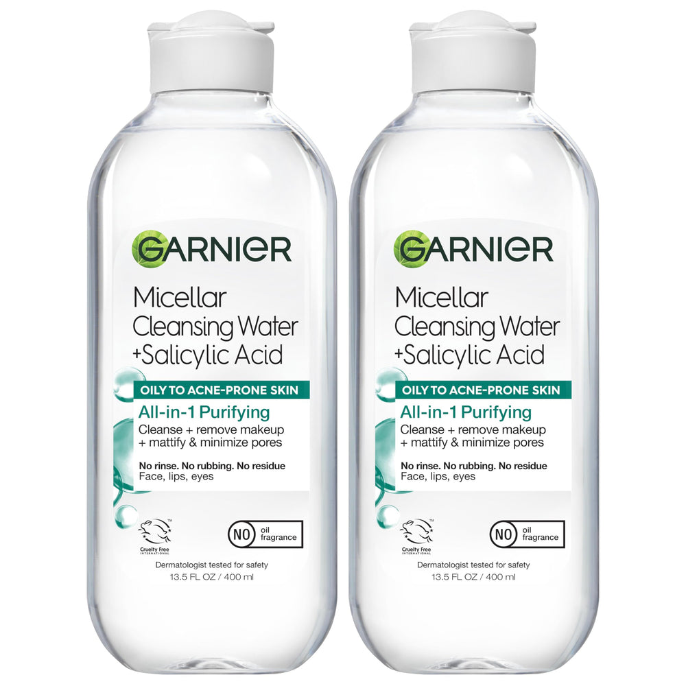 Garnier Micellar Water with Salicylic Acid two-pack bottle for oil control.