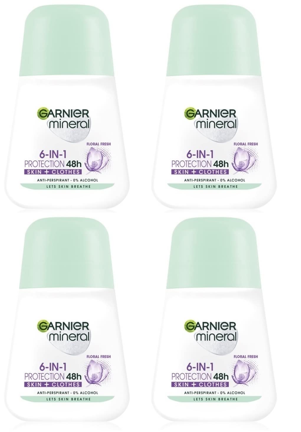 Garnier Mineral Protection 6 floral fresh roll-on bottle closeup highlights easy application.