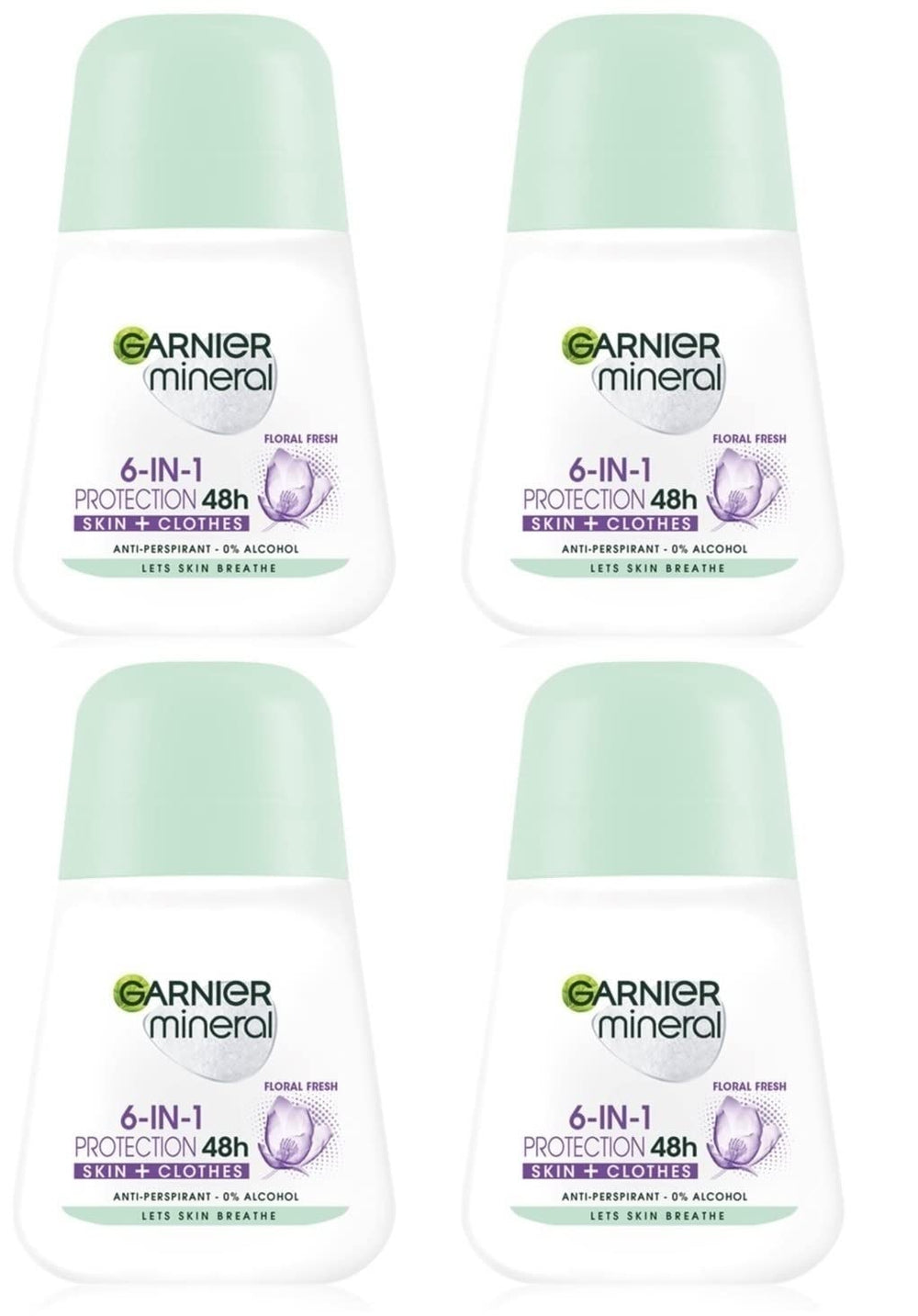 Garnier Mineral Protection 6 floral fresh roll-on pack 4x50ml delivers long-lasting fragrance and dryness.