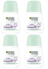 Garnier Mineral Protection 6 floral fresh roll-on pack 4x50ml delivers long-lasting fragrance and dryness.