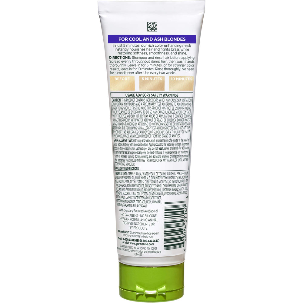 Garnier Nutrisse Color Reviver 5 MIN Color Mask tube close-up nourishes ash blonde hair.