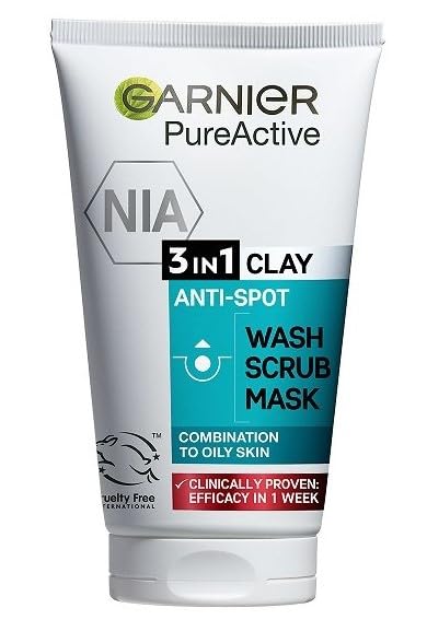 Garnier Pure Active 3in1 scrub exfoliant showing pumice for clear pores.