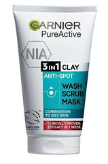 Garnier Pure Active 3in1 scrub exfoliant showing pumice for clear pores.