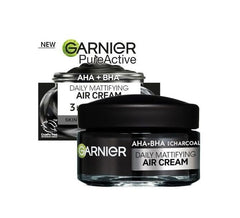 Garnier Pure Active Charcoal Air Mattifying Cream bottle emphasizes matte finish and oil control.