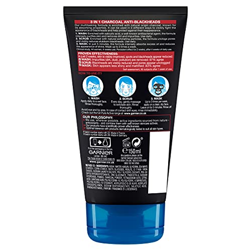 Garnier Skin Active Pure Active Charcoal Scrub swatch shows gentle exfoliants for smooth skin.