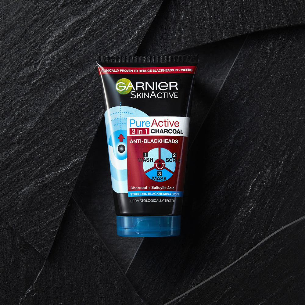 Garnier Skin Active Pure Active Charcoal Scrub exfoliates gently to smooth skin texture.