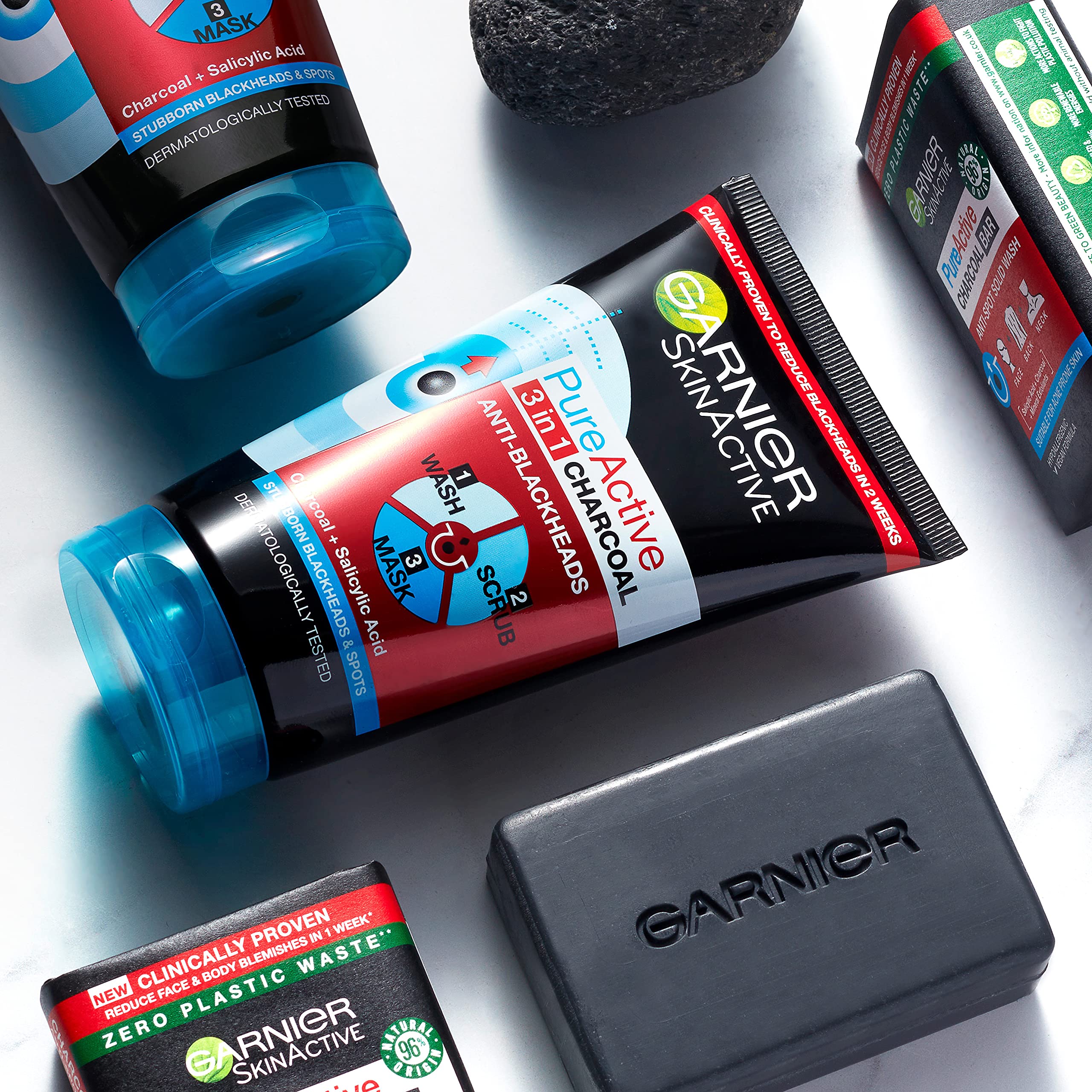 Garnier Skin Active Pure Active Charcoal Wash bottle back shows key ingredients and usage.