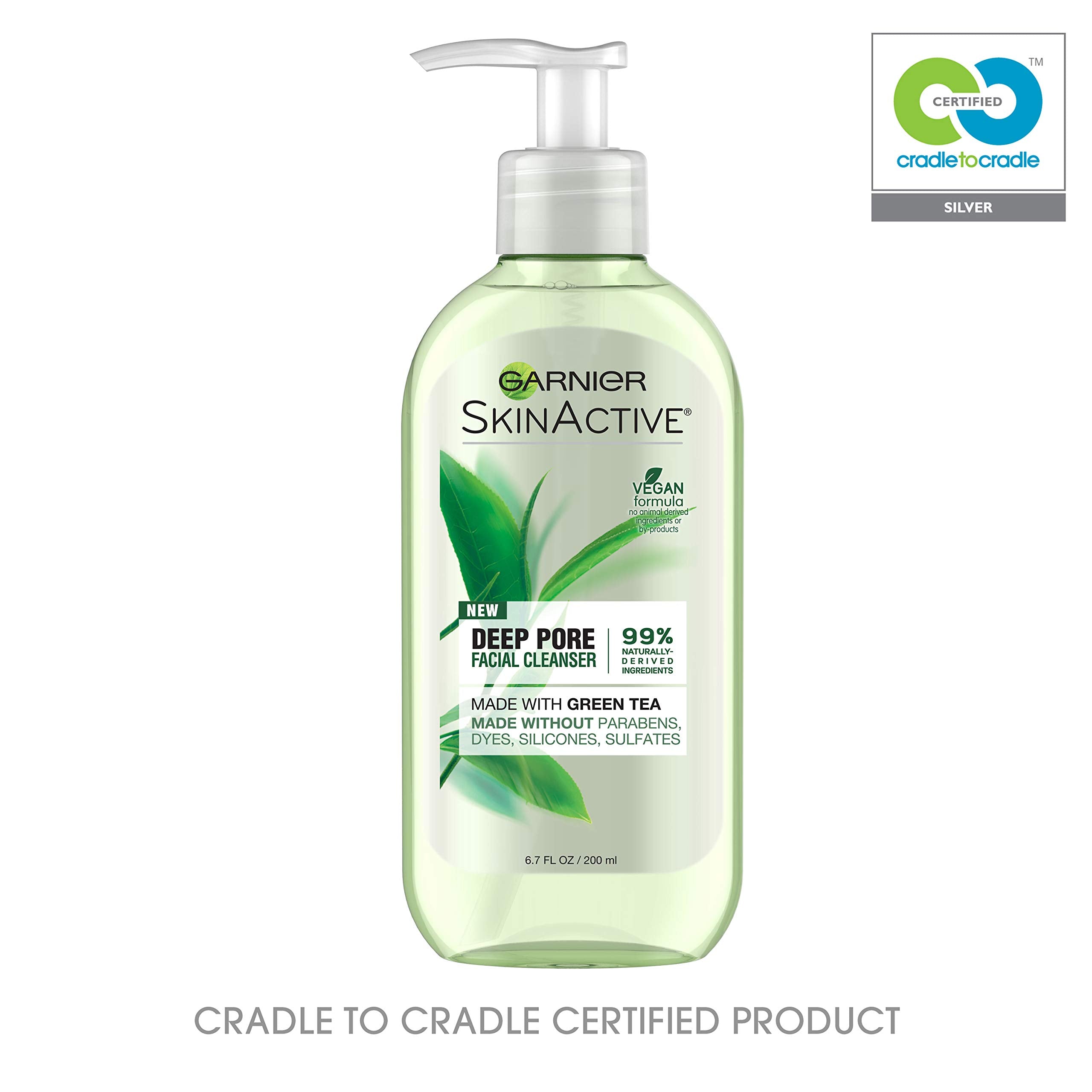 Garnier SkinActive green tea bottle displayed on a bathroom shelf