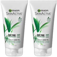 Garnier SkinActive green tea scrub bottle promotes purifying action for refined pores.