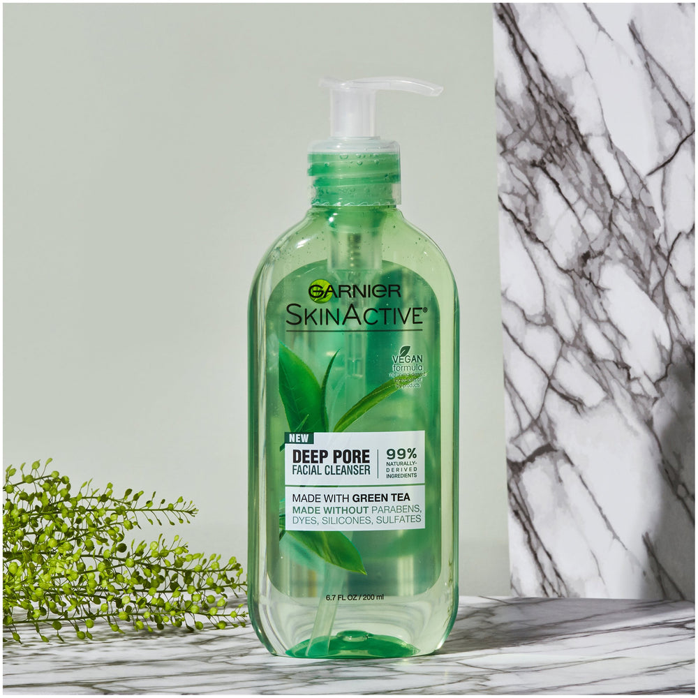 Garnier SkinActive green tea face wash packaging on a shelf