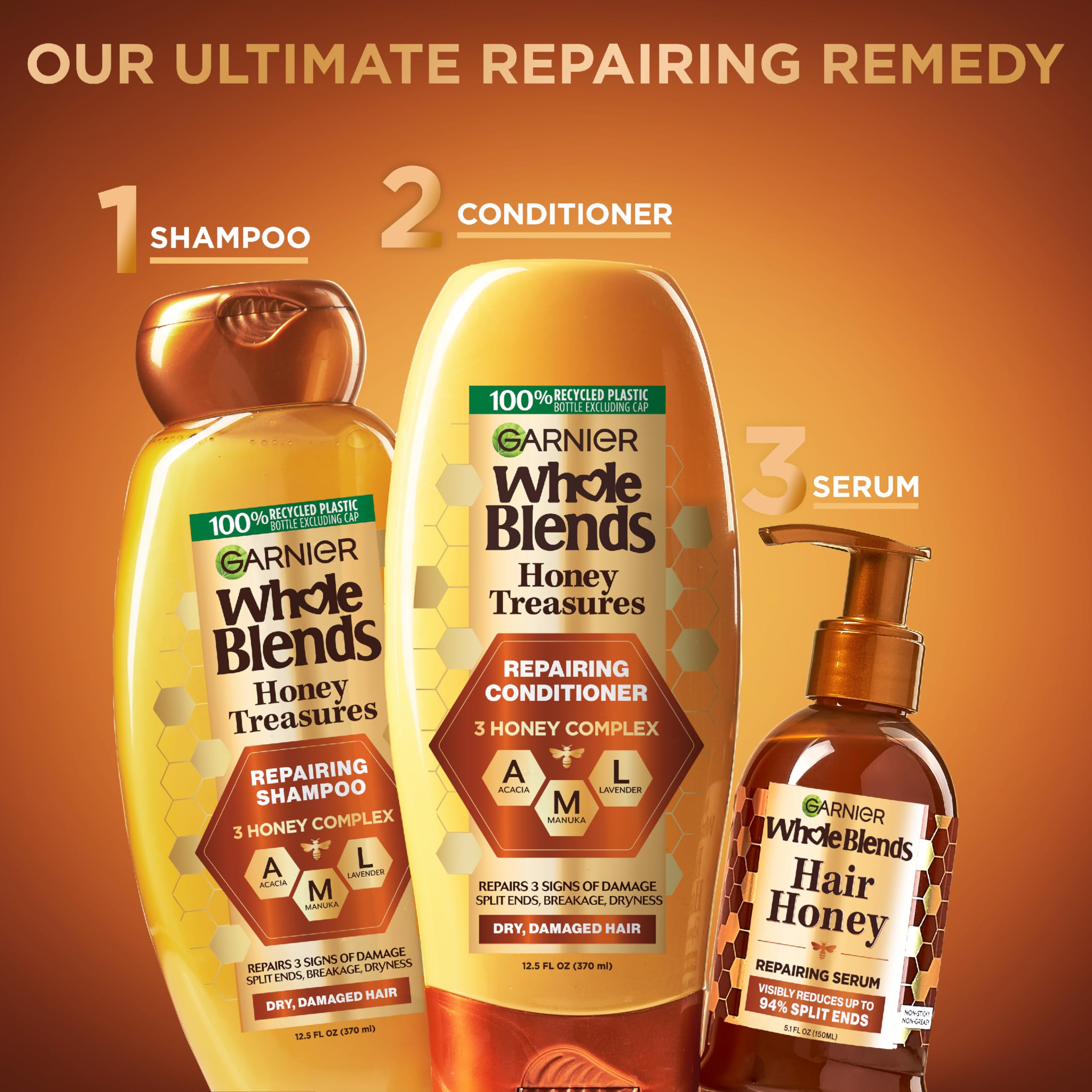 Garnier Honey Treasures close-up on dry, damaged hair texture.