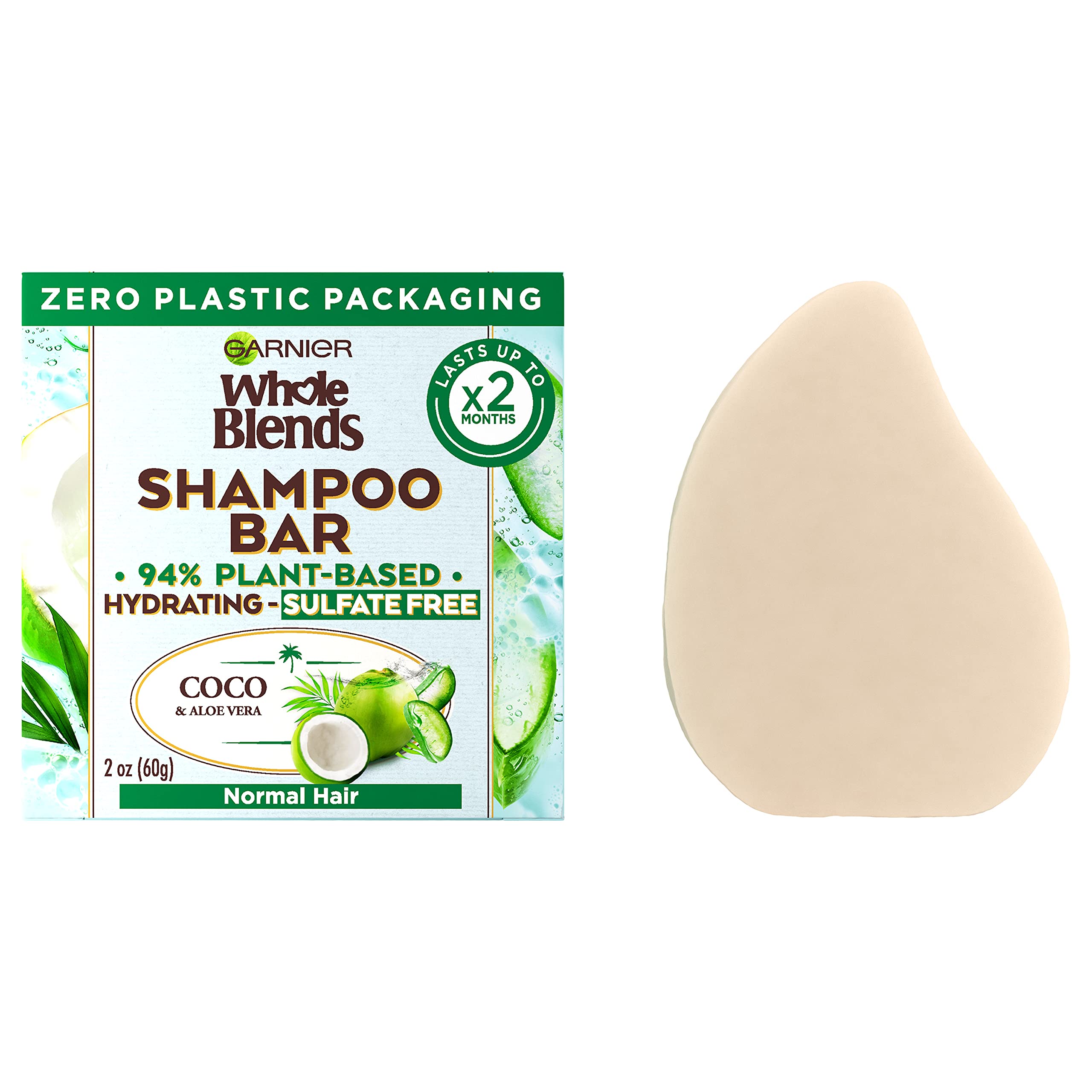 Garnier Whole Blends Hydrating Shampoo Bar Coco & Aloe Vera close-up, hydrating formula for normal hair.