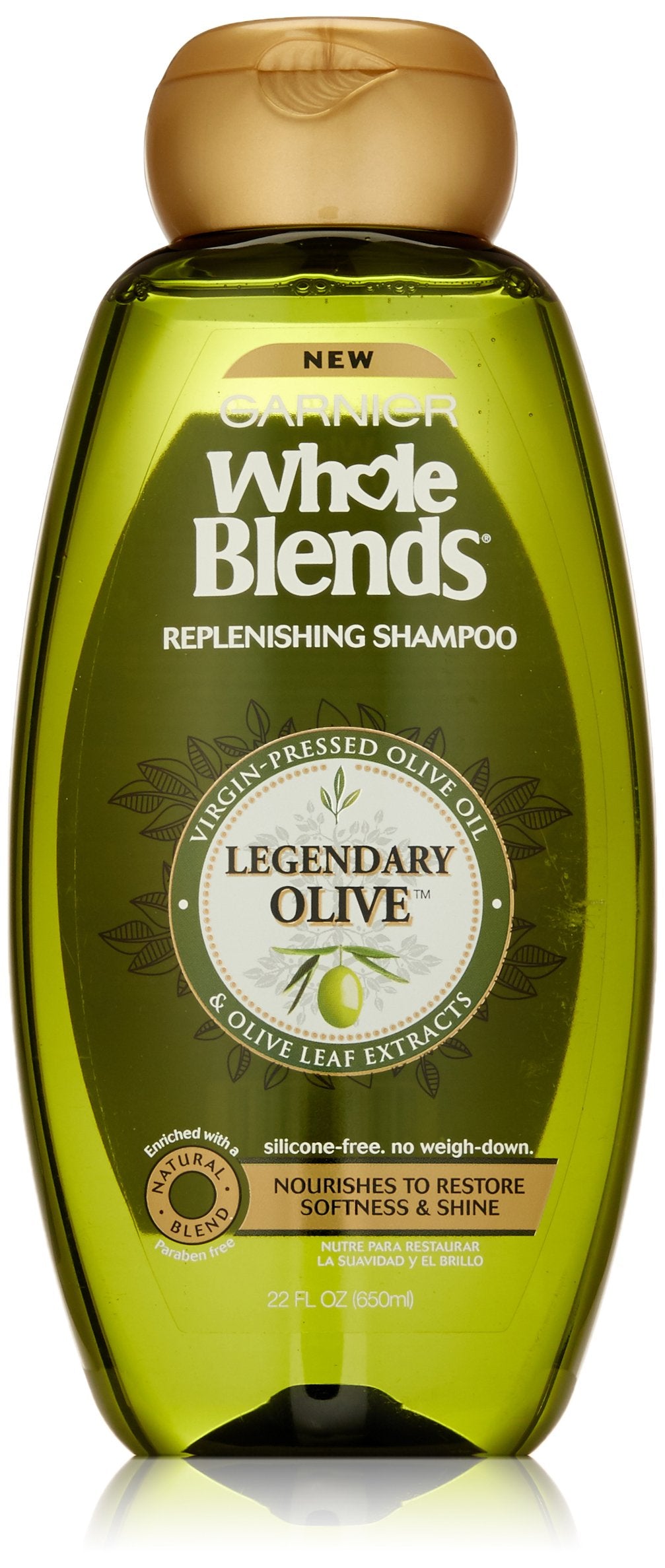 Garnier Whole Blends Legendary Olive shampoo bottle highlights a nourishing formula for dry hair.