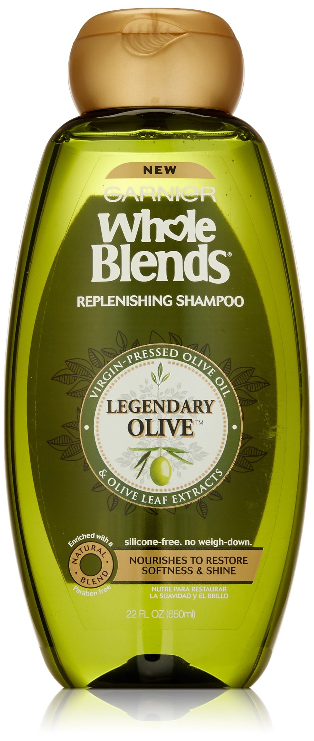Garnier Whole Blends Legendary Olive shampoo bottle highlights a nourishing formula for dry hair.