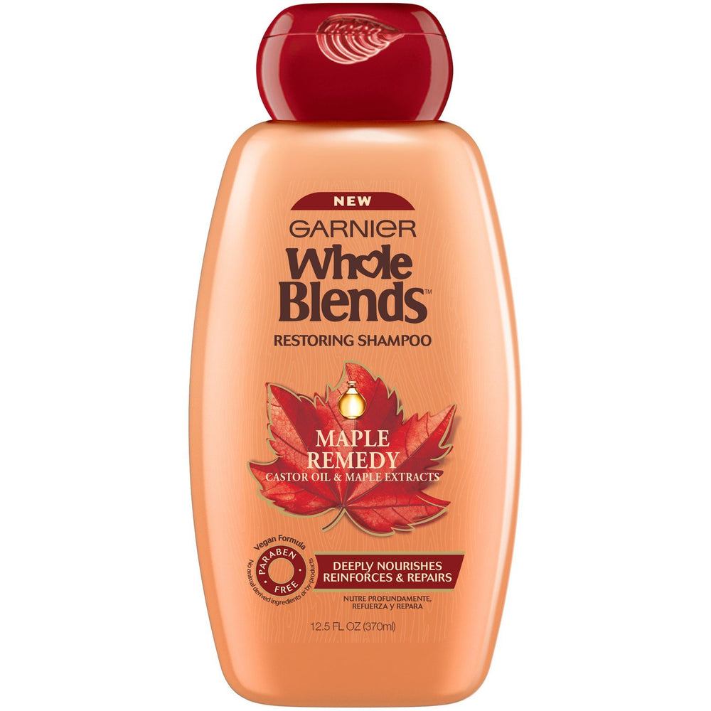 Garnier Whole Blends Maple Remedy conditioner bottle helps detangle and soften hair