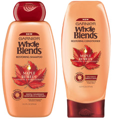 Garnier Whole Blends Maple Remedy shampoo bottle with nourishing formula for hydrated hair