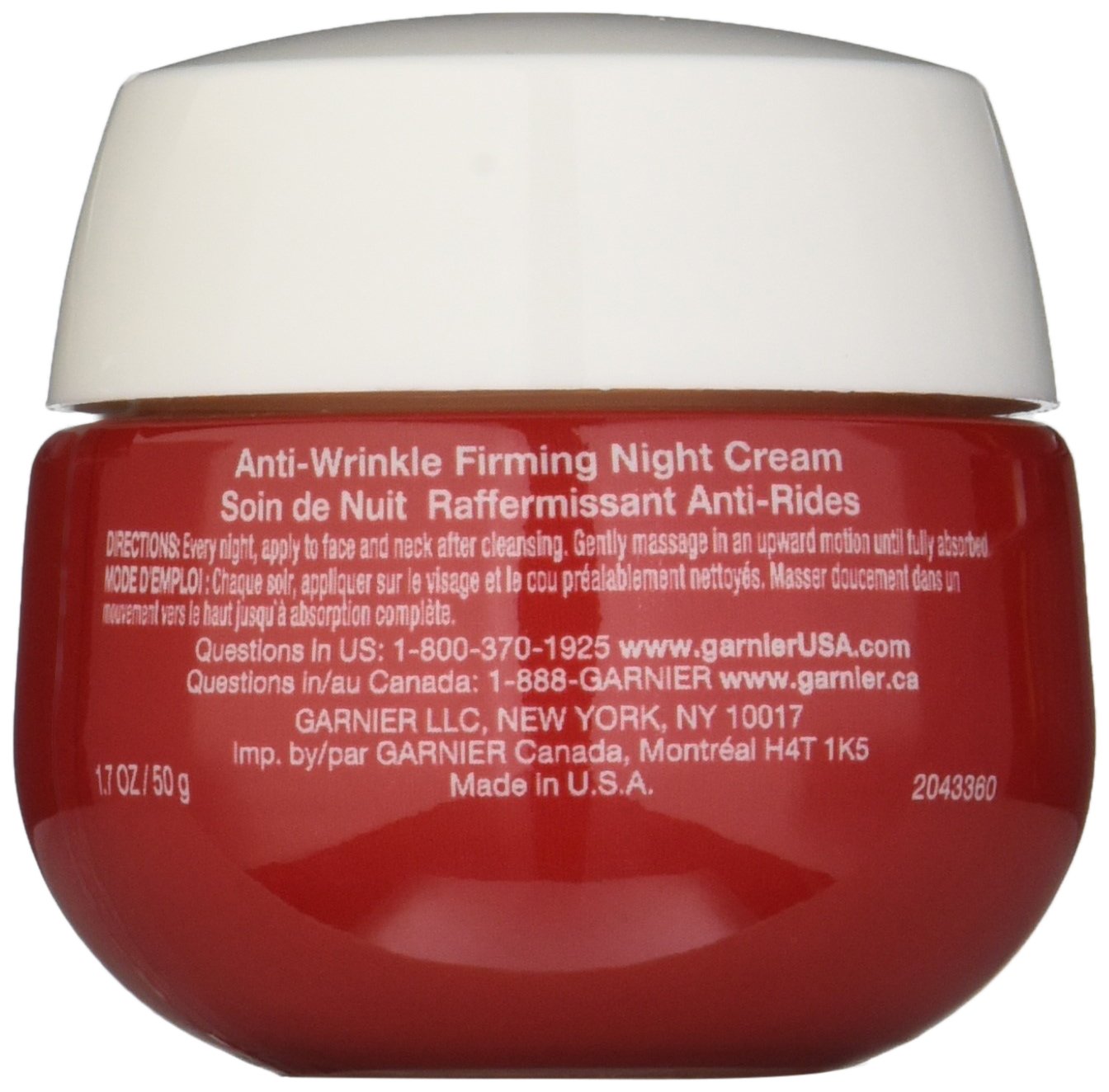 Garnier SkinActive Ultra-Lift Night Cream jar highlights Pro-Retinol and antioxidants for skin support.