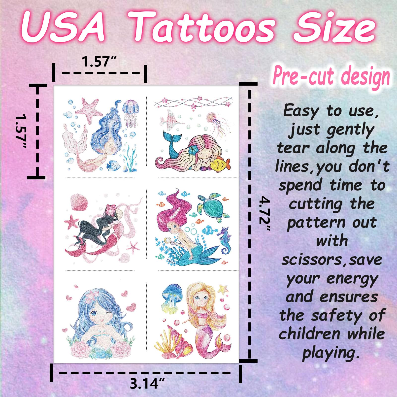Garsellen Mermaid Glitter Tattoos precut patterns for quick, safe kid application