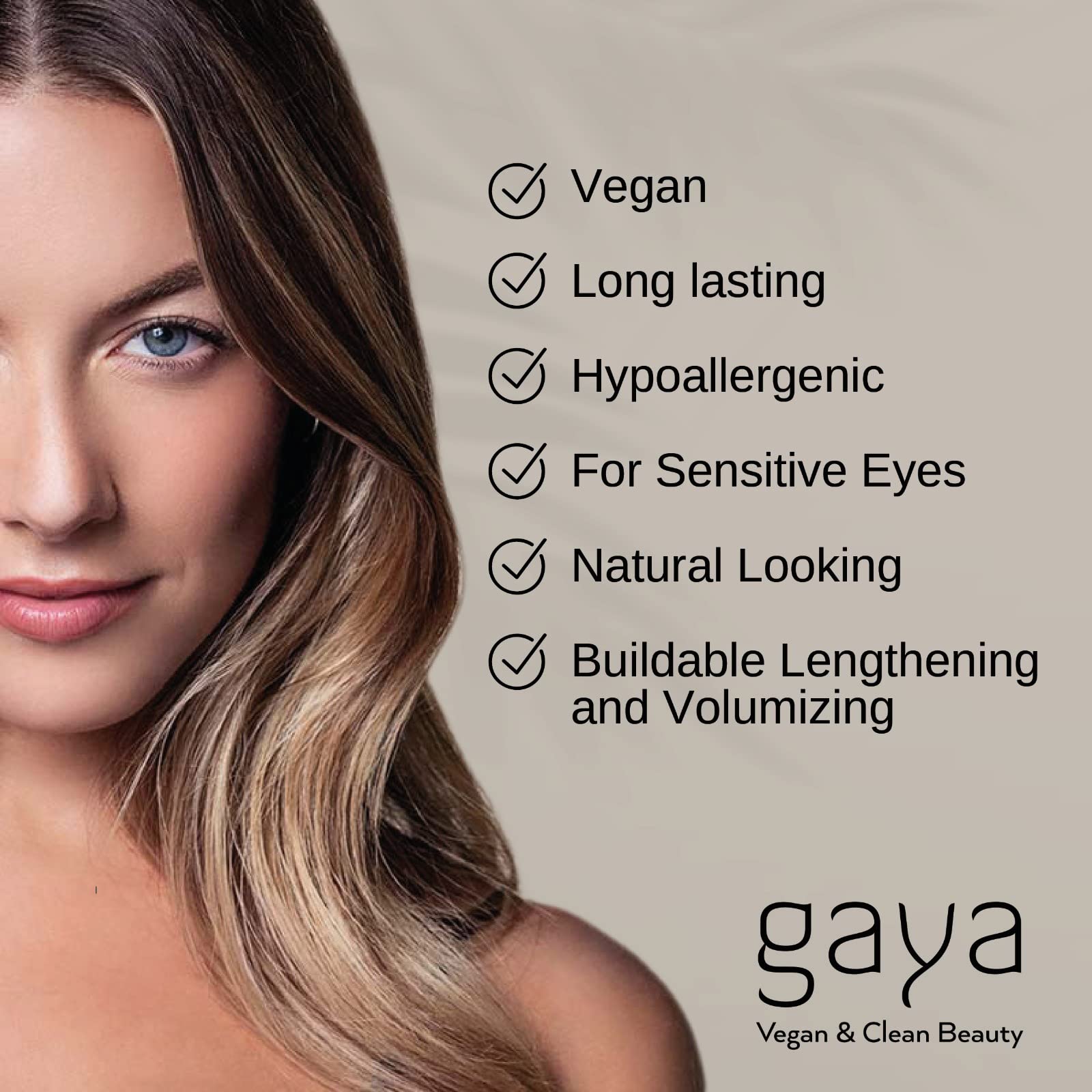 Gaya Cosmetics mascara brush isolates lashes for clean definition.